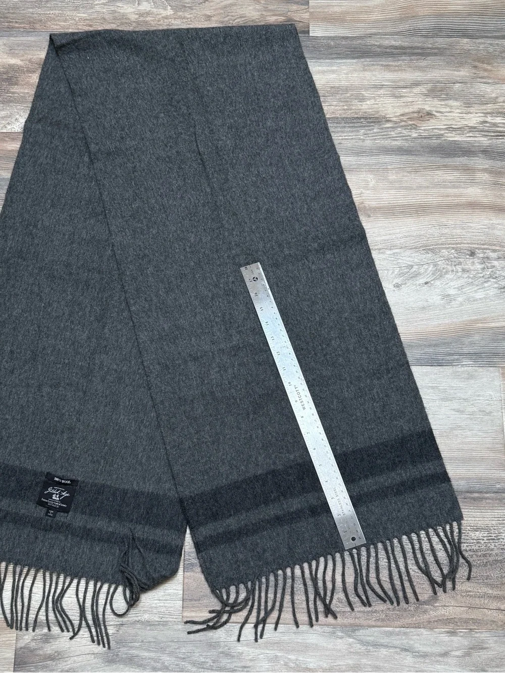 Gilded Age 100% Wool Fringe Scarf Charcoal Gray Striped Made in Italy Style